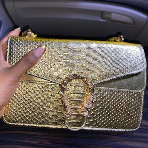 Neiman Marcus Gold Reptile Horsebit Satchel Handbag